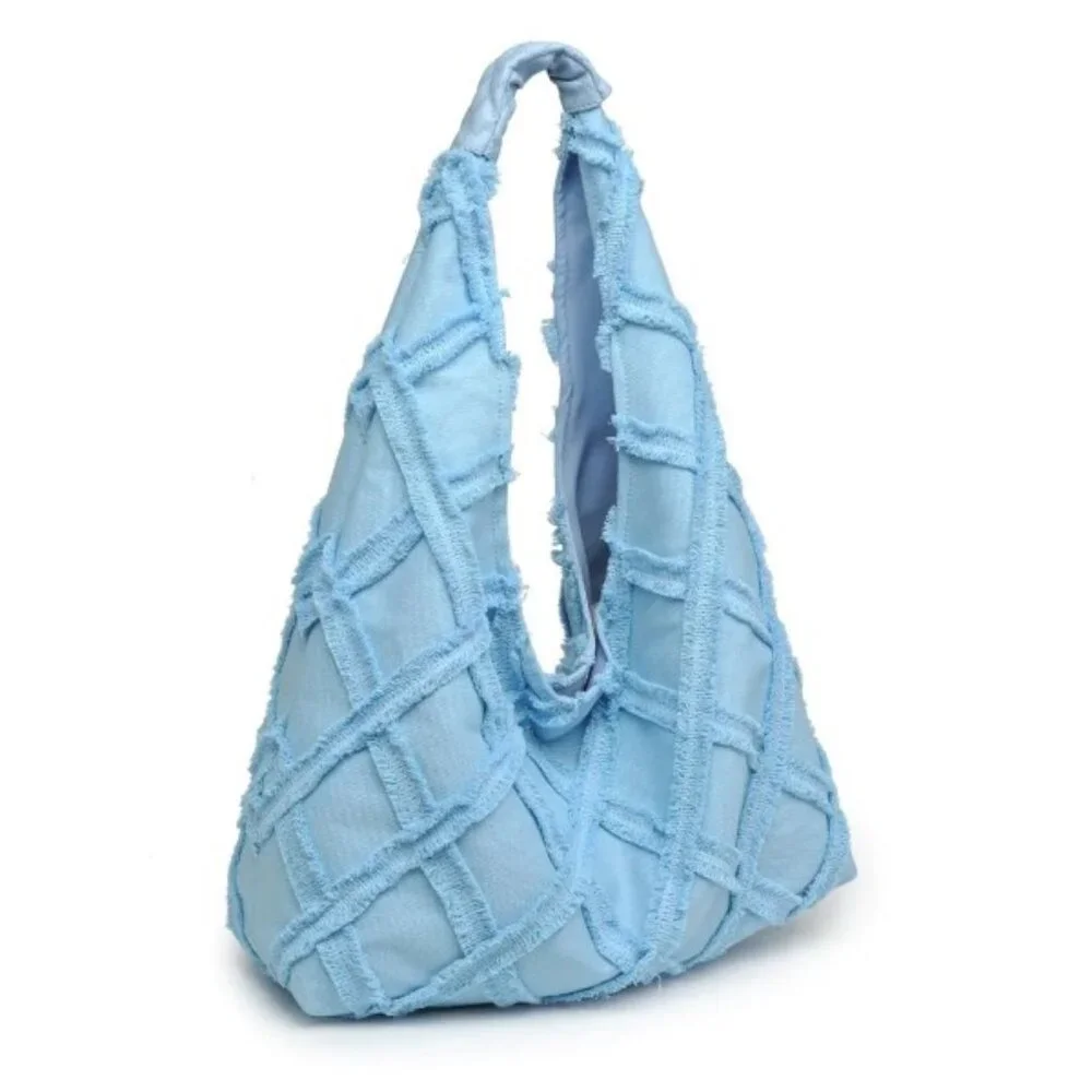 Urban Expressions Barbuda Cotton Fringe Hobo Handbag- Baby/Sky Blue
